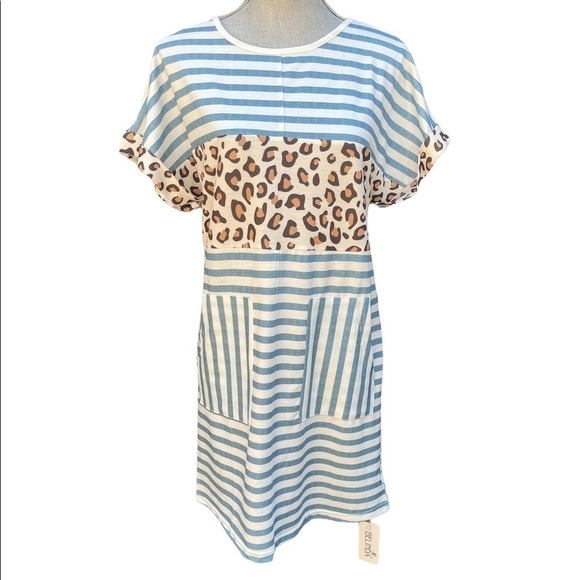 Belinda Blue White Stripes and Leopard Print Patchwork Tee Shirt Dress Pockets S - Picture 1 of 9